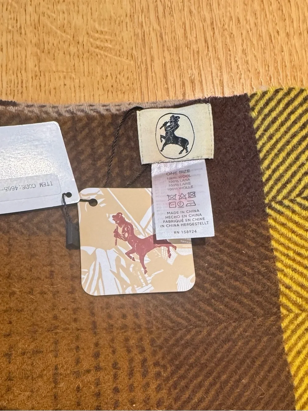 NWT Wool Plaid Throw Blanket in Mustard, Brown & Cream with Fringe Edges 72x56